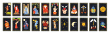 Major Arcana Tarot Cards. Occult Deck For Divination With Chariot, Fool, Magician And Wheel Of Fortune Vector Set