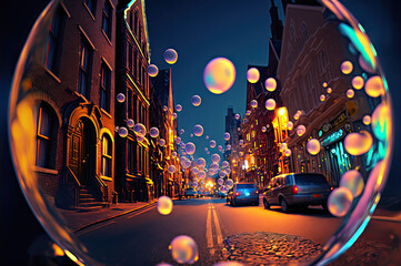 Wall Mural - city lights, street with soap bubbles. Generative AI image.