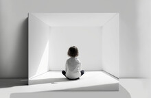 Horizontal Back View Image Of A Little Boy Sitting On A Floor Like A Box And Looking At The White Empty Wall. Mockup. Copy Space For Your Text. Children's Day. Generative AI