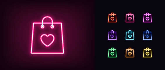 Wall Mural - Outline neon love shopping icon set. Glowing neon shopping bag with heart sign, shopaholic pictogram. Favorite buy and like offer, lovely shop purchase, online shop feedback.