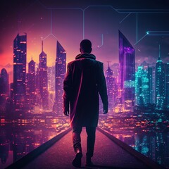 Poster - Businessman walking on virtual reality platform to futuristic smart city of opportunity with internet cyber network connection on high building, generative ai