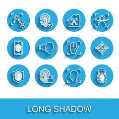Aufkleber - Set line Fingerprint in shield, with lock, Rejection face recognition, Face, Eye scan and Palm icon. Vector