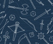 Vector seamless blue texture with historical weapons and 20 sided dice. Board Games. Blue background.