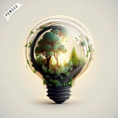 Poster - green tree globe on a tropical nature summer background, Ecology and Environment concept, Energy saving light bulb and save the world concept, generative ai