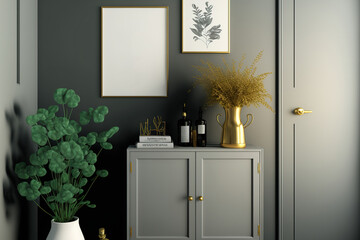 Interior of a stylish and retro home featuring a mock up poster frame, an antique cabinet with tasteful gold accents, flowers in vases, plants, and books. nice interior design. a minimalistic idea. Te