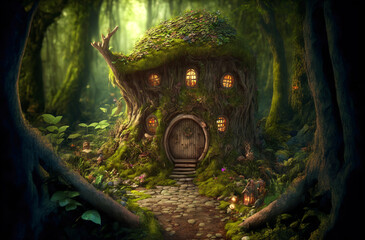 Fantasy fairy house or cottage in the forest AI generative	