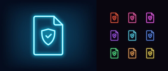 Poster - Outline neon verified file icon set. Glowing neon document frame with shield and tick sign, secure deal pictogram. Guarantee document and business contract, safe agreement, checked report.