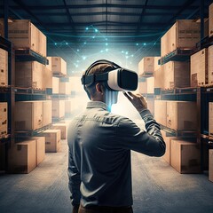 Poster - Future virtual reality technology for innovative VR warehouse management . Concept of smart technology for industrial revolution and automated logistic control, generative ai