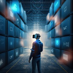 Poster - Future virtual reality technology for innovative VR warehouse management . Concept of smart technology for industrial revolution and automated logistic control, generative ai