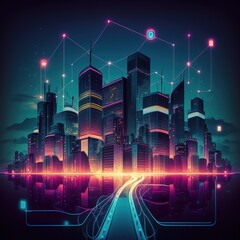 Poster - Abstract dot point and smart city link to gradient line and aesthetic Concept of intricate wave line design and big data connection technology, generative ai