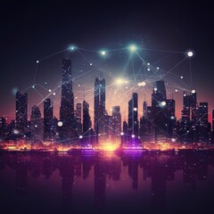 Poster - Contemporary city with a wireless network connection and a cityscape concept. Concept of wireless network and connection technology with city background, generative ai