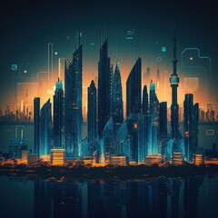 Poster - Smart city at night, Internet of things, smart life, and application development concept, generative ai