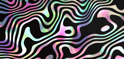 Wall Mural - Abstract holographic rainbow colors background with distorted black and iridescent lines. 3D rendered image.