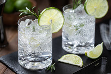 Gin And Tonic Cocktail With Lime. Rosemary And Ice
