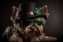 Yorkshire Terrier Dog  Irish Hat In St Patrick's Day With Generative AI