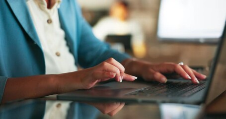 Canvas Print - Research, laptop and hands of business woman and typing for planning, web design and advertising idea. Technology, creative and software with employee and keyboard in digital agency