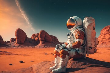 Wall Mural - astronaut sitting on planet mars thinking made with generated