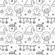 Cute xmas seamless pattern with snow globes, baubles, santa hat, cocoa with marshmallows and gingerbread. Vector hand-drawn doodle illustration. Perfect for wrapping paper, decorations, holiday design