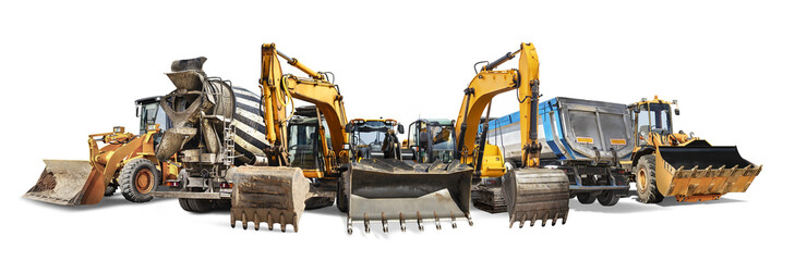 a large group of construction equipment isolated on a white background. rental of construction equip