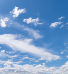 panoramic view of clear blue sky and clouds, blue sky background with tiny clouds. white fluffy clou
