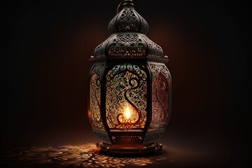 Wall Mural - Ornamental Arabic lantern with magical magic candle light glowing at night. AI