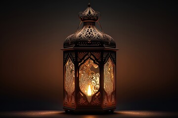 Wall Mural - Ornamental Arabic lantern with magical magic candle light glowing at night. AI