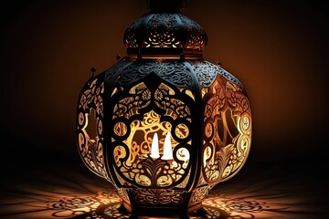 Canvas Print - Ornamental Arabic lantern with magical magic candle light glowing at night. AI