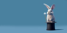 Funny Cute Bunny Appear From Magician Hat Emerges With Solid Flat Background, With Copy Space Area. Generated With AI. Suitable To Use For April Fools Event.