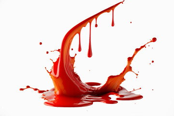 Poster - Red paint splash. Tomato, strawbery or red juice splashing. Ketchup splash on isolated white background. Food photography. With clipping path. Full depth of field.
