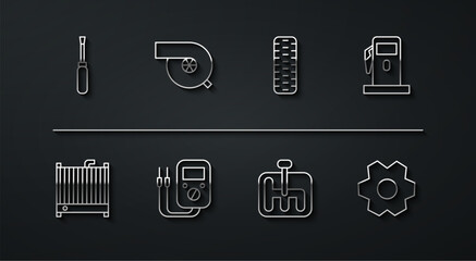 Poster - Set line Screwdriver, Car radiator cooling system, Petrol Gas station, Gear shifter, Multimeter, Automotive turbocharger, and tire wheel icon. Vector