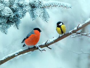 Wall Mural - birds sneer and tit sit on a branch in a winter snow park