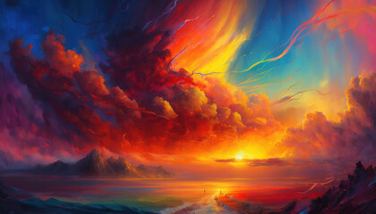 Wall Mural - Wind and Waves. Colorful. Vibrant brush strokes. Watercolor. Sunrise. Colors. Sky. Generative AI.