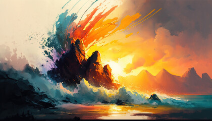Wall Mural - Ocean Waves. Colorful. Vibrant brush strokes. Sunrise. Colors. Wind. Generative AI.