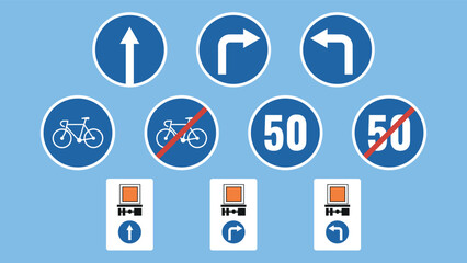 Poster - Set of Mandatory road signs. Vector illustration. Traffic signs on blue background.