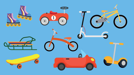 Wall Mural - Set of different types of bicycles, scooters, tricycle, skateboard, scooter. Vector illustration