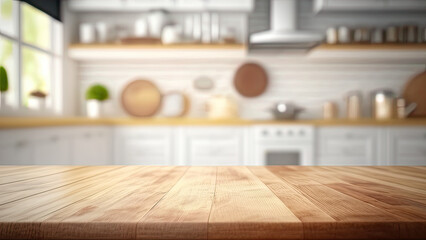 wooden texture table top on blurred kitchen window background. for product display or design key vis