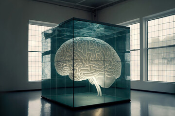 Glass cube with glowing brain inside