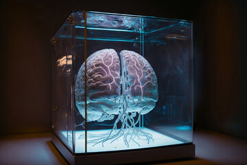 Glass cube with glowing brain inside