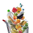 Groceries and goods falling in a shopping cart