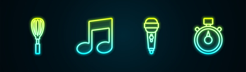 Wall Mural - Set line Kitchen whisk, Music note, tone, Microphone and Stopwatch. Glowing neon icon. Vector