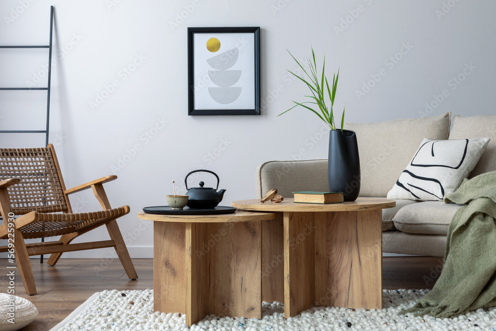 Warm and cozy interior of living room with beige sofa with pillow ...