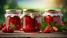 Still Life Style Close Up Picture Of Strawberry Fruit Jam Glass Jars In Pure Green Nature Atmosphere With Sunlight, Idea For Organic Food Background Wallpaper,  Generative Ai