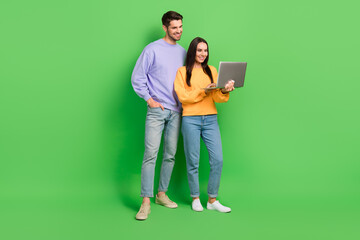 Aufkleber - Full size portrait of handsome guy attractive lady hold use wireless netbook isolated on green color background