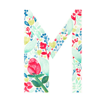 alphabet letter English letter M of Moon character draw colorful flowers and leaves design hand drawn watercolor art on paper high grain texture on the white background color.  PNG file