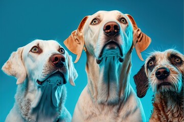 Wall Mural - Groups of adorable dogs looking into the distance with interest and excitement, against a blue background, created with generative AI technology. Bottom view. 