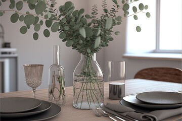 Poster -  a table with a vase of greenery and plates and silverware on top of a wooden table with a window in the back ground.  generative ai