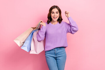 Poster - Photo of shiny lucky lady wear violet sweater rising fists holding shoppers isolated pink color background