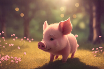 Wall Mural - Joyful little piglet in the spring forest with flowers, sunbeams and bokeh. Generative AI