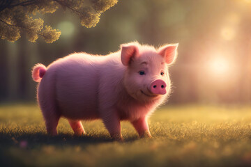 Wall Mural - Joyful little piglet in the spring forest with flowers, sunbeams and bokeh. Generative AI