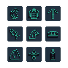 Canvas Print - Set line Mountains, Kayak and paddle, Bottle of vodka, Pickaxe, Horse, Fish, Albatross and Norwegian wooden house icon. Vector